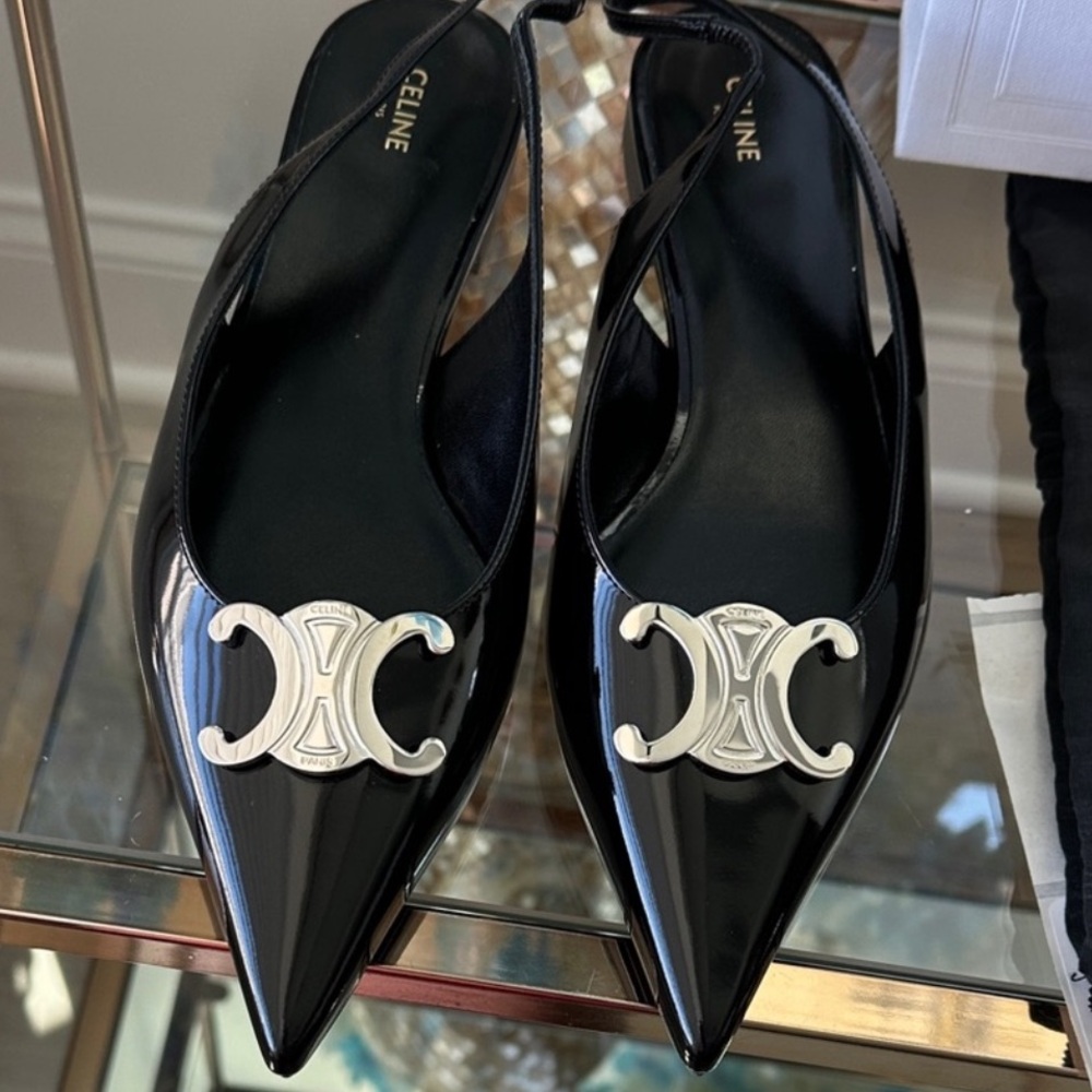 Authentic Celine Black Patent Leather Flats with Silver Accents
